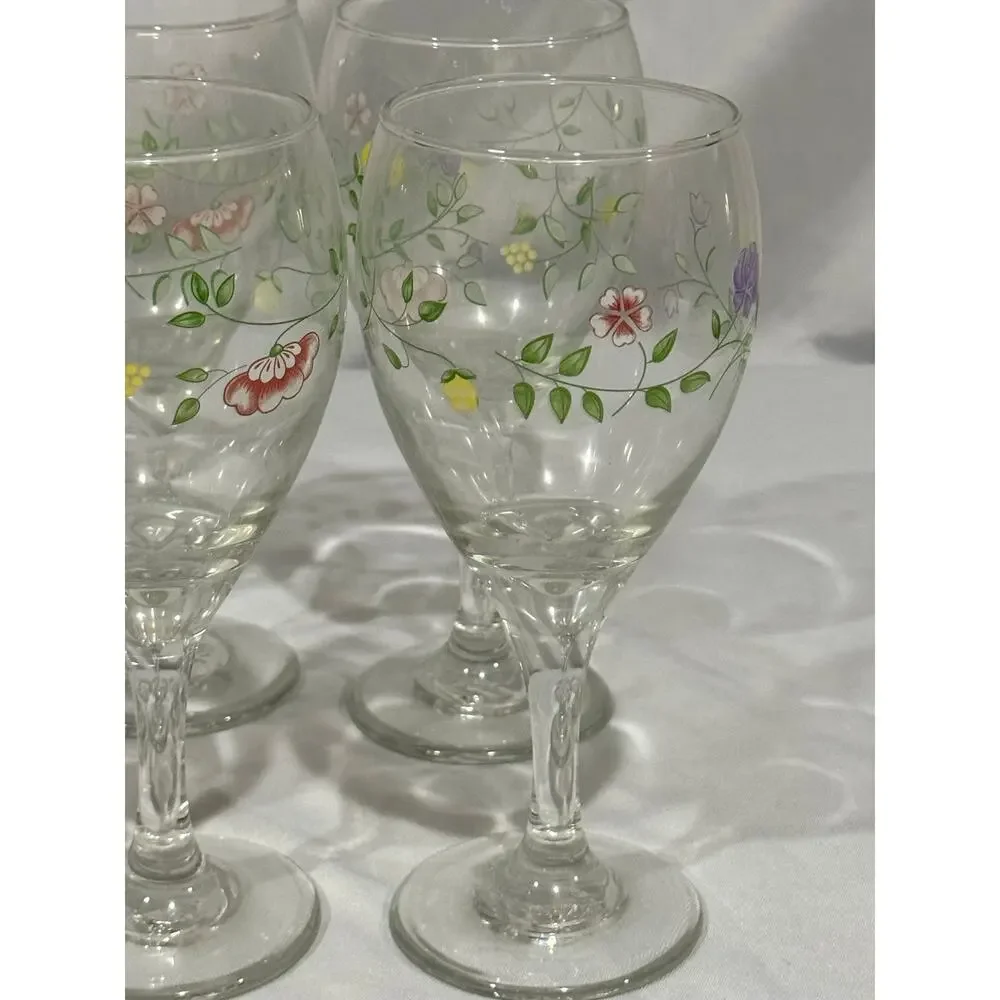 Set of 8 Vintage Libbey Floral Stemmed Wine Glasses Pastel Flower Vine Pattern